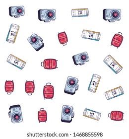 pattern of camera with suitcase and ticket travel
