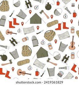 Pattern Camping set, equipment for an amateur tourist. Traveling, hiking, tourism, outdoor recreation. Backpack, tent, mat, water flask, thermos, food. Doodle drawings. Vector seamless pattern.