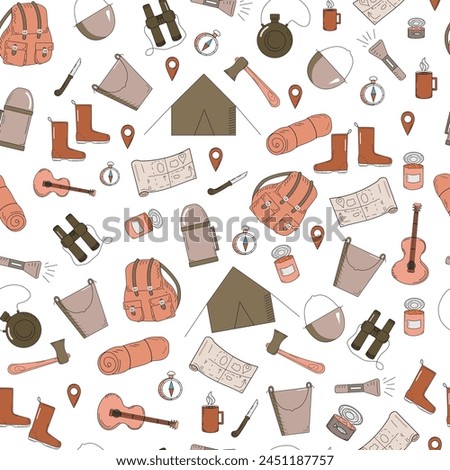Pattern Camping set, equipment for an amateur tourist. Traveling, hiking, tourism, outdoor recreation. Doodle drawings. Vector seamless pattern.
