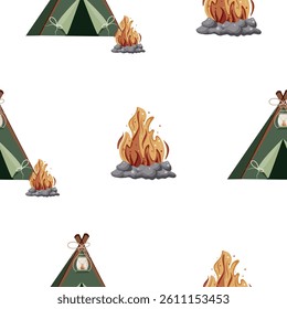 pattern with a camping tent and a bright bonfire and gray stones around it