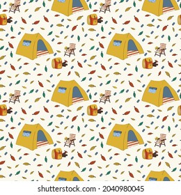 Pattern with a camping tent. Cartoon autumn background for relaxing in the forest. Camping, traveling, hiking with a campfire and firewood for convenience and life in nature. Vector illustration