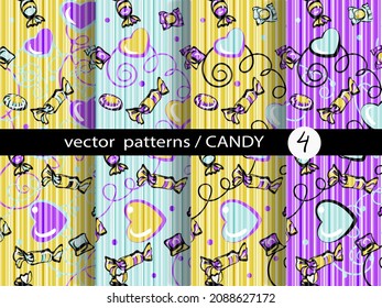 Pattern. Candies and hearts. Retro Set of repetitive drawings, wallpapers, packaging, fills, web page backgrounds, surface textures. Template of postcards, banners. Vector. Valentine's Day, Christmas