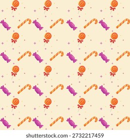 Patrón con caramelos y piruleta sobre un fondo amarillo. Ilustración vectorial de dulces