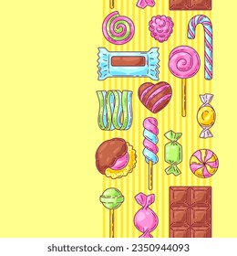 Pattern with candies and sweets. Background for confectionery or candy shop.