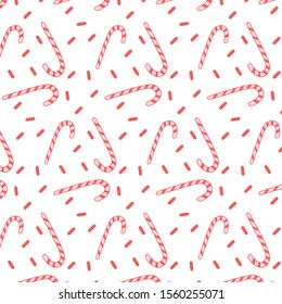 Pattern with Candy cane. Vector ornament with christmas sweets on a white background. Holiday design.