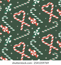 Pattern of candy canes in the shape of heart style. Merry Christmas and Happy New Year design.
