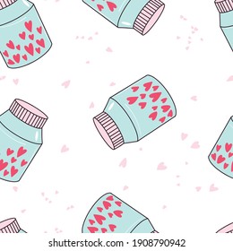 Pattern with candy jars.Candies jar love pattern.White background. Vector, cartoon illustration. Doodle vector illustration. Seamless holiday decoration.