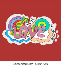 Pattern candy, lollipop, berries, text and ghosts. Pure love. Doodle. - Stock vector