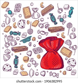 Pattern of candy and sweets, confectionery outline, vector illustration on confectionery theme