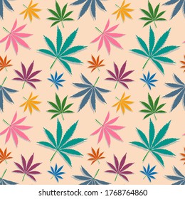 Patrón con hojas de color azul, verde, amarillo, púrpura, rosa, plantas de marihuana colorido floral sin costuras diseño de fondo vectorial