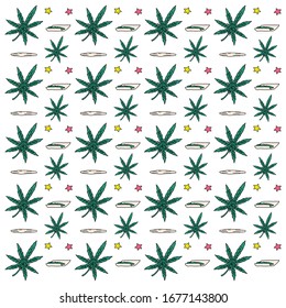 Patrón con hojas de cannabis. Ilustración vectorial de Doodle. Excelente para fondos, tejidos, papel para envolver, etc.