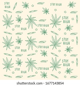 Pattern with cannabis leaves. Doodle vector illustration. Great for backgrounds, fabrics, wrapping paper, etc.