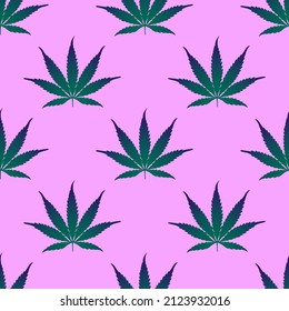 Patrón de hojas de cannabis en un fondo lila en un estilo plano para impresión y diseño. Ilustración vectorial.