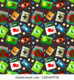Pattern With Canned Grocery Concept. Vector Illustration With Vegetables And Fruits In Flat Style