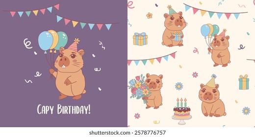 Сhildish pattern with capybara, baby shower greeting card. Animal seamless print, vector texture for kids birthday, fabric, wallpaper, wrapping paper, textile, t-shirt print