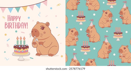 Сhildish pattern with capybara, birthday cake greeting card. Animal seamless print, vector texture for kids birthday, fabric, wallpaper, wrapping paper, textile, t-shirt print