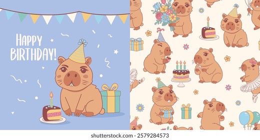 Сhildish pattern with capybara, birthday cake greeting card. Animal seamless print, vector texture for kids birthday, fabric, wallpaper, wrapping paper, textile, t-shirt print