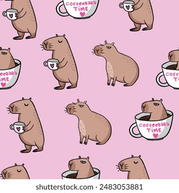 Pattern with capybara with cap. Background for textile, fabric, stationery, wrapping paper, pajamas and other design.