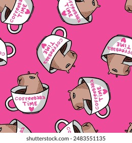 Pattern with capybara in cap. Background for textile, fabric, stationery, wrapping paper, pajamas and other design.