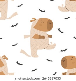 Padrão com capivara em traje de múmia e morcegos
