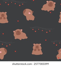 Pattern with capybaras and hearts, on black background seamless pattern. Vector illustration with animals and hearts for Valentine's Day, fabric, card.