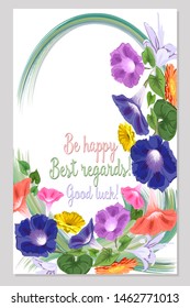  pattern for a card with the wishes of the best regards, good luck, be happy, congratulations, a garland of bright colors. Vector, white background, convolvulus bell, lily, gerbera, menu, congratulat.