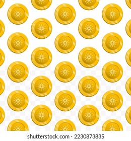 Muster der Cardano-Münzen auf transparentem Hintergrund mit Mini-Doodle (Symbole) und goldener Farbe. Vektorgrafik