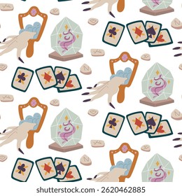pattern of cards, runes, mirror with image of witch's hand, crystal in flat style. Color. Objects for divination in texture. Suitable fantasy projects, books, artwork related magic, mystical rituals