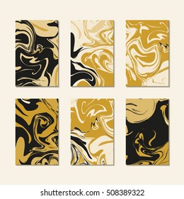 Pattern cards template vector. Gold black luxury marble texture. Abstract liquid paint marbling print.