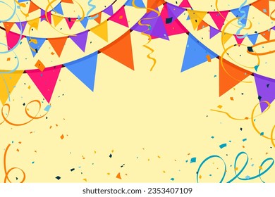 Pattern Carnival Colorful Flag, Confetti for Birthday, Holiday, Party, Festival. Vector 3D Geometric Background for Banner, Cover, Poster, Website, Placard, Advertising.