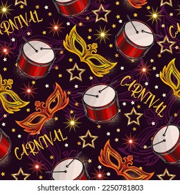 Pattern with carnival mask, drums, stars, text, round halftone shapes. Outline mask behind. Detailed vintage illustration for prints, apparel, clothing, surface design