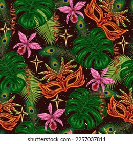 Pattern with carnival mask, feathers, stars, tropical leaves, orchid flower. Textured background. Detailed vintage illustration for prints, apparel, clothing, surface design