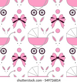 Pattern with carriage and bows.Seamless vector print for child.Colorful textile texture