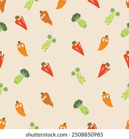 Pattern with carrot and broccoli elements in cartoon style