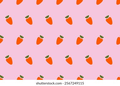 Pattern of carrot on pink background. Flat vegetable seamless pattern. Retro style background ornament with carrots. Vector illustration for wrapping paper, wallpaper, stationery, phone case, cover