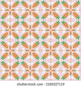 Un patrón de zanahorias, huevos, puntos y corazones. Ilustración perfecta sobre el tema de Pascua con zanahoria. Simetría, ornamento, impresión de Semana Santa para textiles
