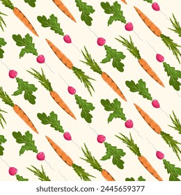 Pattern with carrots and radishes.Vector seamless pattern with carrots and radishes on a colored background.