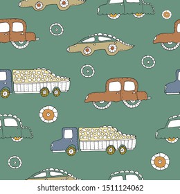 Pattern of cars for dinosaurs. Seamless vector clipart.