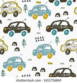 Pattern with cars. Hand drawn autos on the road. Scandinavian style design. Decorative abstract art. Textile or fabric design