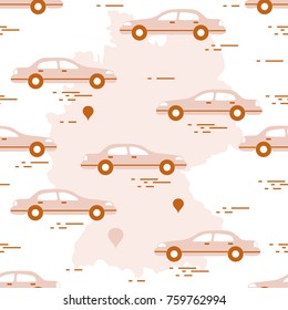 Pattern with cars and map of Germany. Travel and leisure. Design for announcement, advertisement, banner or print.