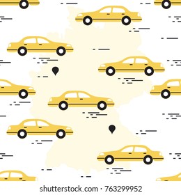 Pattern with cars and map of Germany. Travel and leisure. Design for announcement, advertisement, banner or print.