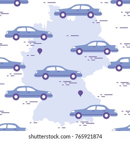 Pattern with cars and map of Germany. Travel and leisure. Design for announcement, advertisement, banner or print.