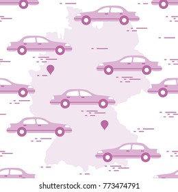 Pattern with cars and map of Germany. Travel and leisure. Design for announcement, advertisement, banner or print.