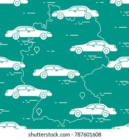 Pattern with cars and map of Germany. Travel and leisure. Design for announcement, advertisement, banner or print.