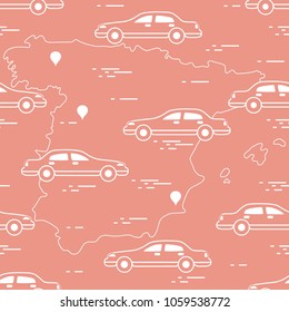 Pattern with cars and map of Spain. Travel and leisure. Design for announcement, advertisement, banner or print.