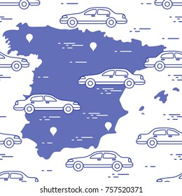 Pattern with cars and map of Spain. Travel and leisure. Design for announcement, advertisement, banner or print.