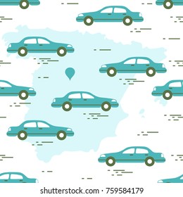 Pattern with cars and map of Spain. Travel and leisure. Design for announcement, advertisement, banner or print.