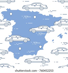Pattern with cars and map of Spain. Travel and leisure. Design for announcement, advertisement, banner or print.