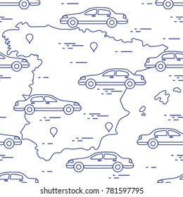 Pattern with cars and map of Spain. Travel and leisure. Design for announcement, advertisement, banner or print.
