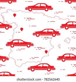 Pattern with cars and map of Spain. Travel and leisure. Design for announcement, advertisement, banner or print.